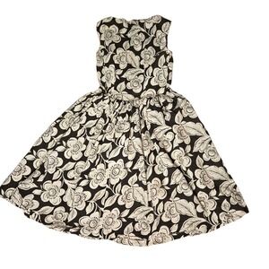 Gray And White Hibiscus Floral Vintage Knee Length Dress Side Zipper Full‎ Skirt